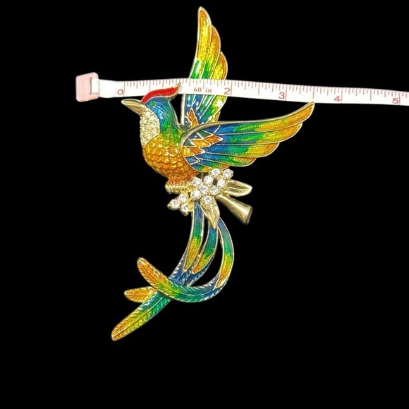 Hummingbird brooch, pin large, vibrant, colorful, feathers, enamel, rhinestones - Picture 7 of 9